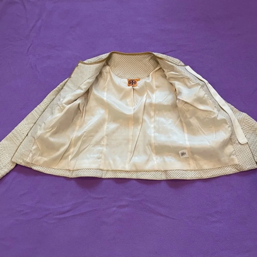 Tory‎ Burch Leather Jacket Woven Lasercut details Cream Tan trim Women’s 6